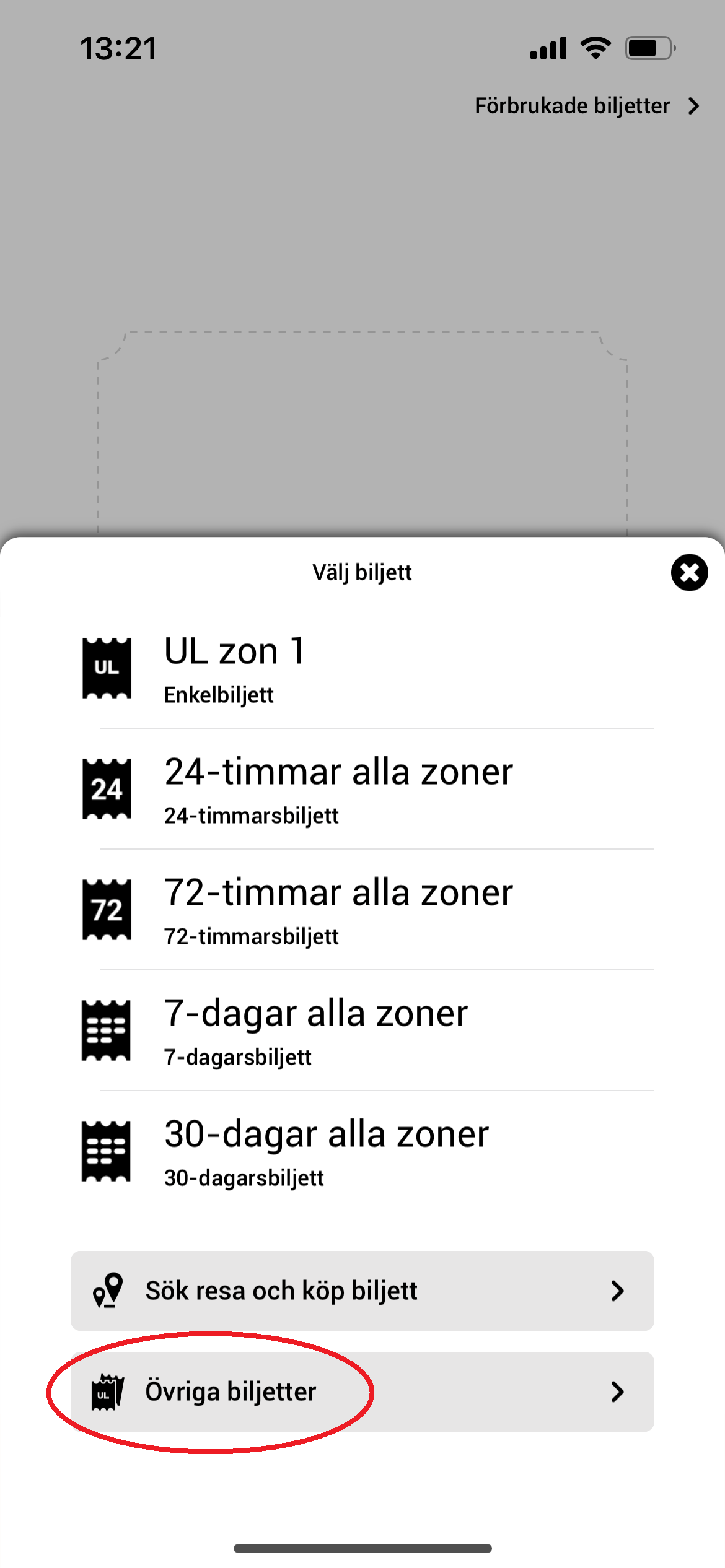 UL-app, övriga biljetter