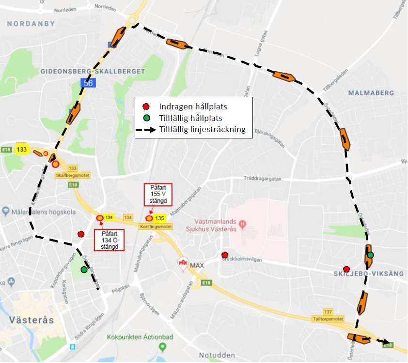 Tillfälliga hållplatslägen linje 774 och 874