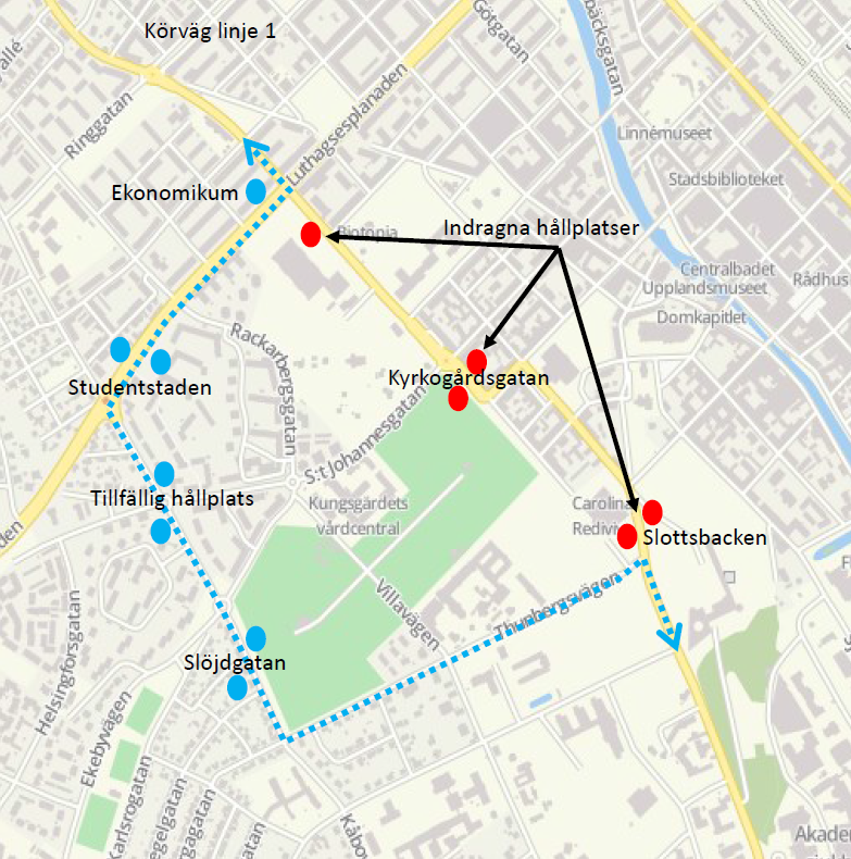 Karta över den ändrade linjedragningen och alternativa hållplatser för linje 1 under valborg. 