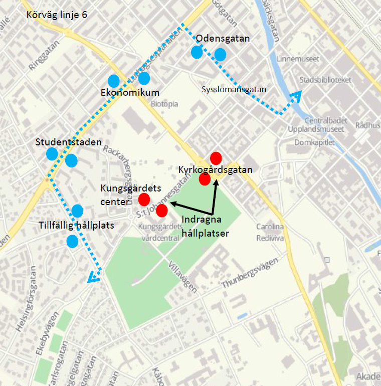 Karta över den ändrade linjedragningen och alternativa hållplatser för linje 6 under valborg. 