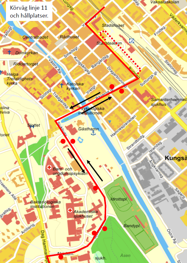 Karta ändrad körväg linje 11